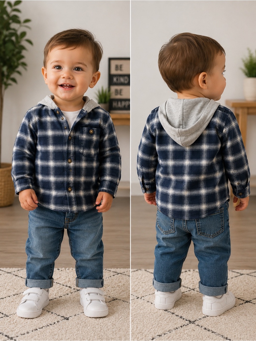 Carter’s Boys 18M Navy Blue Plaid Hooded Button-Up Shirt 100% Cotton